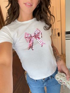 Pink Disco Bow Shirt 90s Crop Top, Coquette Clothing, Cottagecore  GenZ Shirt, Preppy 2000s Retro Y2K Baby Tee Look Cute Gift for Girlfriend 90s Inspired Pink Short Sleeve Top, 90s Inspired Pink T-shirt For Spring, 90s Inspired Pink Fitted T-shirt, 90s Style Summer Party T-shirt, Y2k Crew Neck T-shirt For Party, 90s Short Sleeve Party Tops, 90s Style Short Sleeve Party Tops, Cute Short Sleeve Party Tops, Cute Cotton Party Tops