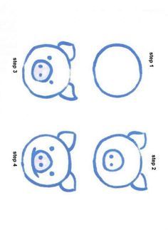 four different types of pig faces drawn in blue marker on white paper with black ink