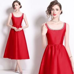 Stand out this summer in our Summer Beading Square Neck Spaghetti Straps Midi Sundress! 🔥 Perfect for any occasion, this A-Line dress in radiant red will make you the center of attention. #SummerFashion #MidiDress #WomensStyle 🌞💃 Sleeveless Evening Dress For Banquet Holiday, Elegant Sleeveless Dress For Prom And Party Season, Knee-length Sleeveless Summer Dress For Banquet, Red Sleeveless Dress For Summer Party, Elegant Red Sleeveless Dress For Party Season, Sleeveless Holiday Banquet Dress, Red Sleeveless Dress For Prom Season Party, A-line Sundress Midi Dress For Party, A-line Sleeveless Dress For Evening Party Season