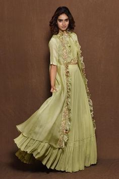 Shop for Vara by Vibha n Priti Green Chiffon Embroidered Cape And Lehenga Set for Women Online at Aza Fashions Spring Wedding Sharara With Sheer Dupatta, Spring Wedding Sharara With Zari Work, Fitted Choli With Dupatta For Spring, Elegant Embroidered Choli For Spring, Festive Silk Choli For Spring, Spring Wedding Sharara With Intricate Embroidery, Spring Wedding Anarkali Set, Elegant Spring Choli With Intricate Embroidery, Spring Festive Silk Choli