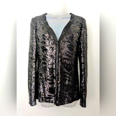 Nwt Rachel Zoe L Bailey Black Sequined Cardigan Blazer Sweater Snap-Front Sz S Subtle Tiger Print Throughout Sequin Design Brand New With Tags / Never Worn Black Sequins Hidden Snap Closure Shell - 98% Viscose And 2% Elastane Lining - 95% Polyester And 5% Spandex Size Small Nwt - New V-neck Winter Evening Outerwear, Chic Sequined Cardigan, Chic Long Sleeve Sequined Cardigan, Chic Sequined Cardigan For Fall, Elegant Winter Cardigan With Sequins, Sequin Winter Cardigan For Night Out, Elegant Sequined Cardigan For Fall, Chic Long Sleeve Cardigan For Evenings, Fitted V-neck Cardigan For Parties