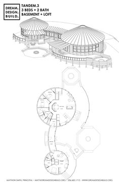 an architectural drawing shows the inside and outside of a building, with circular structures on each side