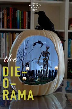 a pumpkin with a skeleton in it and a crow sitting on top of it, surrounded by bookshelves