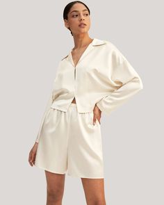 Silk Pullover Pajama Set, Soft and smooth on the skin, look no further to add a touch of luxury to your evening routine. Pajama Short Set, Pajama Short, Silk Pajamas Women, Pajamas All Day, Camisole Set, Striped Midi Skirt, Lily White, Neutral Style, Evening Routine