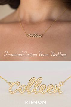 Fabulous 14K Gold and White diamonds personalized name necklace, The most popular and loved custom jewelry made just for you. Diamond Name Necklace, Personalized Diamond Necklace, Solid Gold 14K Custom Necklace, Push Present, Personalized Christmas or birthday Gift, unique custom name necklace, solid gold diamond necklace for women from #RIMONFINEJEWELRY #diamondnecklace #namenecklace Elegant Custom Name Necklace For Anniversary, Luxury Customizable Nameplate Necklaces, Luxury Personalized Custom Necklace For Personalized Gift, Luxury Personalized Custom Necklace For Gift, Personalized White Diamond Necklace, Luxury Customizable Nameplate Necklace, Classic Diamond Name Necklace For Anniversary, Custom Name Diamond Nameplate Jewelry, Elegant Customizable Diamond Necklace