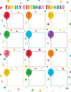 a family birthday tracker with balloons and streamers