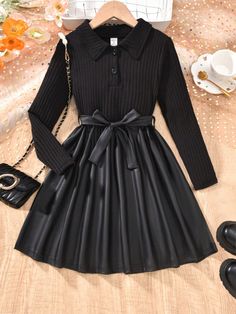 Tween Girl Black Ribbed Warm & Cozy Polo Collar T-Shirt, PU Leather Elegant Commuter Dress With Belt Black   Long Sleeve Knitted Fabric Plain A Line Medium Stretch  Tween Girls Clothing, size features are:Bust: ,Length: ,Sleeve Length: