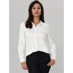 Keep your look professional and stylish in this satin shirt from Hobemty. This satin shirt can be a perfect addition to almost any outfit from formal to daily wear, great for work, meetings, office, work, casual, daily dressing, etc. Pair it with pencil skirts or suit pants for an elegant office look. Comfortable and versatile, this satin shirt can be perfect on its own or as a layer under a blazer. Elegant Satin Button-up Blouse, Elegant Solid Button-up Shirt, Elegant Satin Shirt With Button Closure, Silk Button-up Shirt For Office, Smart Solid Color Office Shirt, Smart Office Shirt, Elegant Button-up Business Casual Shirt, Elegant Button-up Dress Shirt For Work, Elegant Button-up Shirt For Business Casual