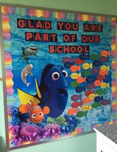 a school bulletin board with an image of finding nemo and other fish on it