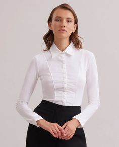 The White Shirt Signature for Women | Anne Fontaine US Elegant Fitted Button-up Tops, Semi-formal Collared Slim Fit Tops, Semi-formal Fitted Blouse With Fold Down Collar, Fitted Long Sleeve Blouse For Work, Classic Fitted Collar Blouse, Formal Fitted Blouse With Fold Down Collar, Elegant Slim Fit Tops For Daywear, Fitted Formal Fall Blouse, Fitted Formal Blouse For Fall