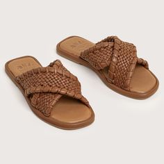 Woodruff - Cognac Summer Sandals With Woven Leather For Spring, Spring Summer Sandals With Woven Leather, Spring Vacation Sandals With Woven Leather, Spring Leather Woven Mules, Casual Flat Sandals With Woven Leather, Casual Woven Leather Mules For Spring, Brown Woven Sole Sandals For Summer, Flat Woven Leather Sandals For Spring, Spring Flat Woven Leather Sandals