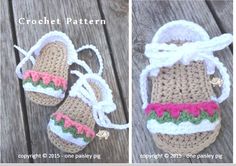 crocheted sandals with pink, green and white trims on the soles