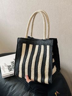 Bird in Bag - Womens Woven Handbag with Unique Design and Colorful Stripes, Single Shoulder Bag, Summer Bag, Foldable Straw Bag for Black Double Handle Shoulder Bag Gift, Black Bucket Bag Suitable As Gift, Black Large Capacity Straw Satchel Bag, Black Straw Satchel Bag With Large Capacity, Black Straw Bag For Daily Use With Large Capacity, Black Straw Bag With Large Capacity For Daily Use, Black Large Capacity Straw Bag For Daily Use, Black Straw Satchel With Large Capacity, Large Capacity Black Square Straw Bag