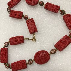 20 Inch Red Carved Cinnabar With Red/Green Cloisonn Beads In Between. Gold Tone Clasp. I Do Not Know The Translation Of Writing If You Know Please Share. Lady In Red, Red Green, Womens Jewelry Necklace, Gold Tones, Jewelry Necklaces, Carving, Necklaces, Women Jewelry, Writing