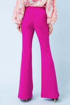 A hight-rise flare pant featuring front zipper/hook & eye closure, center seam and faux back pockets Details Self: 97% Polyester 3% Spandex Size & Fit - Model is 5`8" And Wearing Size Small - Measurements Taken From Size Small - Approx. Length: 45" Elegant Stretch Flares, Chic Wide Leg Elastane Pants For Spring, Pink Elastane Bottoms For Night Out, Elegant Stretch Flares For Spring, Chic Fitted Dress Pants, Chic Fitted Dress Trousers, Chic Wide Leg Elastane Pants For Party, Elegant Party Flares, Chic Spring Stretch Pants