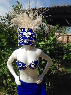 a mannequin wearing a blue and white costume with feathers on it's head