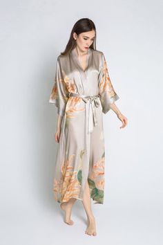 Kiku Long Silk Kimono Robe | Full Length Kimono Robe Kimono Maxi Dress, Plus Size Kimono, Silk Clothes, Kimono Robes, Silk Kimono Robe, Kimono Wrap, Silk Lingerie, Long Kimono, Floral Kimono