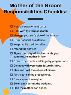 a checklist with the words mother of the groom on it and an orange umbrella