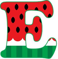 the letter f is for watermelon with black dots on red and green stripes