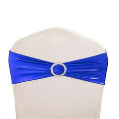 the back of a white chair with a blue sash on it's headband