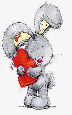 a drawing of a bunny holding a red heart with its paws on it's chest