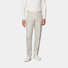 Cut to a slim fit with a mid-rise waist, these off-white Brescia fit pants are a highly adaptable & accessible evergreen pair that bring a clean, balanced appeal to any look. White Slim Fit Bottoms For Business Casual, Fitted Classic White Chinos, White Fitted Classic Chinos, Classic Fitted White Chinos, White Slim Fit Straight Leg Dress Pants, White Fitted Chinos With Straight Hem, Fitted White Chinos With Straight Hem, White Straight Leg Dress Pants For Business Casual, Classic White Flat Front Pants