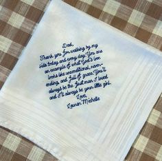 This is perfect for the bride, mom, dad, grandparents, or bridal party as a wedding day gift. This luxurious white handkerchief, made from pure cotton, is embroidered quickly to order in Los Angeles, CA.  Crafted with the utmost attention to detail, the premium embroidery ensures the back of the handkerchief looks just as good as the front. Each handkerchief measures approximately 16x16 inches.  If you have a rush order, please reach out and I would be happy to accommodate.  We love a little creativity, so message us for custom orders! We have plenty of fonts, handkerchiefs and thread to design your own set. White Handkerchiefs With Embroidered Text For Gift, White Handkerchiefs With Embroidered Text As Gift, Embroidered White Handkerchiefs For Bridesmaids, White Embroidered Text Handkerchief Wedding Gift, White Handkerchiefs With Custom Embroidery For Gift, White Handkerchiefs With Custom Embroidery As Gift, White Embroidered Handkerchiefs For Bridesmaid Gift, White Handkerchief, Embroidered Handkerchief