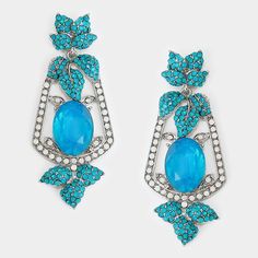 Statement Earrings Formal, Earrings Formal, Blue Statement Earrings, Evening Earrings, Blue Dangle Earrings, Flower Leaf, Gorgeous Jewelry, Blue Rhinestones, Rhinestone Earrings