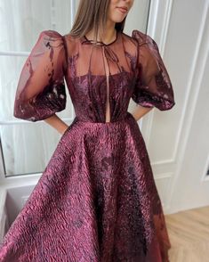 Bordeaux Brocade Puff Sleeve Gown | Teuta Matoshi A-line Organza Gown For Prom, Elegant Voluminous Evening Dress For Party, Evening Gala Organza Gown, A-line Organza Gown For Prom Season, Couture Fitted Organza Evening Dress, Prom Season Organza Ball Gown Evening Dress, Evening A-line Organza Gown, Party Ball Gown With Illusion Neckline Floor-length, Couture Ball Gown For Banquet