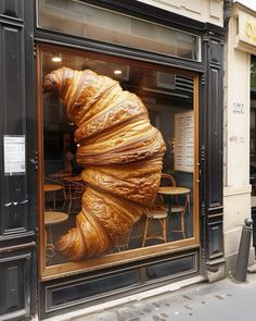 there is a giant croissant in the window of this restaurant that looks like it's made out of bread