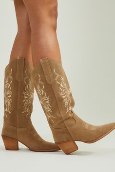 Flora Western Boots in Taupe | Altar'd State Western Style Suede Boots For Spring, Trendy Boots For Western-themed Events In Spring, Country Style Boots For Spring Country Events, Floral Embroidered Boots For Spring Festival, Fitted Casual Boots For Country Events, Floral Embroidery Boots For Spring Festival, Brown Boots For Ranch In Spring, Trendy Ranch Boots For Spring, Trendy Summer Boots For Rodeo