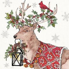 a drawing of a deer wearing a sweater with holly and a cardinal on it's head