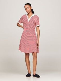 Open Placket Stripe Polo Dress Striped Fitted V-neck Shirt Dress, Fitted Striped V-neck Shirt Dress, Striped V-neck Fitted Shirt Dress, Casual Striped V-neck Shirt Dress, Casual Striped Shirt Dress With V-neck, Spring Striped Collared Dress, Casual Shirt Dress With Striped Collar For Spring, Casual Shirt Dress With Striped Collar For Work, Striped V-neck Shirt Dress For Daywear