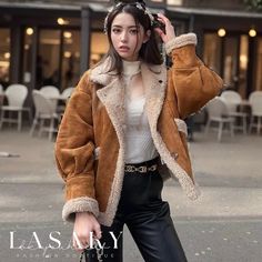 Lasaky - Faux Shearling Jacket with Collared Patch Pockets on Long Sleeves Chic Sheepskin Outerwear For Winter, Casual Sheepskin Leather Jacket For Winter, Winter Sheepskin Outerwear With Long Sleeves, Winter Sheepskin Long Sleeve Outerwear, Casual Sheepskin Outerwear With Long Sleeves, Casual Sheepskin Long Sleeve Outerwear, Casual Long Sleeve Sheepskin Outerwear, Brown Faux Fur Winter Outerwear, Winter Leather Jacket With Faux Fur Lining