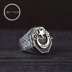 Our ring is made of 925 Pure Silver with Moon Star Stamped.  Our products are carefully handcrafted and personalized. Ottoman empire intelligence agency symbol ring The model with our ring cover, the crescent and star on the top, a personalized name can be added in the middle of the crescent, there is the ottoman empire intelligence agency logo under the cover, name, picture, logo plate etc. can be added, thank you for reading Moon Star Ring, 925 Sterling Silver Men's Ring Finger Rings For Men Silver Celestial Signet Ring As Gift, Silver Celestial Style Signet Ring For Gift, Celestial Silver Signet Ring For Gift, Symbolic Handmade Crescent Rings, Handmade Symbolic Crescent Rings, Custom Silver Handmade Engraved Ring, Custom Handmade Silver Engraved Ring, Custom Silver Engraved Handmade Ring, Handmade Crescent Rings In Sterling Silver