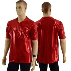 "This item is made to order, please read all the way through the listing before purchasing! This awesome shirt is made of a super sparkly, holographic red spandex.  Short sleeves.  V-Neckline The shirt measures 19\" long from the UNDERARM to the HEMLINE. Cut for a slightly loose fit. Please see mens size chart for fit. Mens Sizing (See below for instructions on where measurements should be taken) Extra Small:  Chest/32\"       Waist/26\"           Hip/33\" Small:     Chest/34\"-36\"Waist/28\"-30 Red Fitted T-shirt For Party, Red Short Sleeve T-shirt For Party, Mens Size Chart, Festival Shirt, Festival Shirts, V Neck Top, Small Chest, V Neck Tops, Cool Shirts