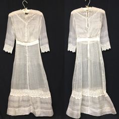 "Absolutely beautiful 1910s Edwardian Silk Organza Day Dress for a Petite young lady - Crew neck and cuffs trimmed in Venise machine lace - Front decorated with crochet covered buttons (non functional) - Pin tucks down bodice front and back - Sleeves and other vertical seams are finished with open work - Combination of hand work and machine stitching - Closes in the back with 4 hook and eyes and 1 set of snaps (added later) - Bottom of skirt is also detailed with pin tucks, machine lace and open Fitted Historical Vintage Dress, Historical Long Sleeve Daywear Dress, Historical Long Sleeve Dresses For Daywear, Historical Long Sleeve Day Dress, Historical Long-sleeve Day Dress, Long Sleeve Dresses With Historical Design For Daywear, Historical Design Long Sleeve Dress For Daywear, Vintage Full Length Daywear Dress, Classic Vintage Dress For Daywear