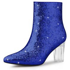 Can't help falling in love with these sparkly booties. The Glitter Ankle Boots have high block heels, a pointed toe, a low shaft that zips up the inside, and a safe cover on the mouth of shoes to prevent rubbing from the glitter. The glitter design will make you stand out in the crowd. It is a great choice for dating and hanging out with friends. It will win your heart via your feet. Glitter Boots With Pointed Toe For Party, Glitter Pointed Toe Party Boots, Party Glitter Boots With Pointed Toe, High Heel Party Boots With Glitter Accents, Sparkling High Heel Holiday Boots, Holiday Party Boots With Round Toe, Glamorous Winter Block Heel Shoes, Glamorous Block Heels For Winter, Holiday Party Glitter Boots