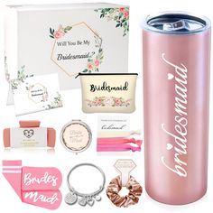 the bridesmaid gift set includes a pink stainless steel tumbler, bracelets, and jewelry