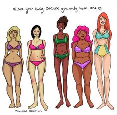 three women in bikinis standing next to each other with the words love your body because you only have one