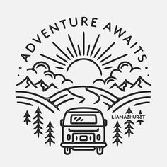 the adventure awaits logo is shown in black and white, with trees around it