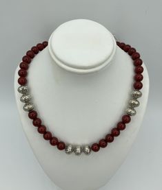 Beautiful red agate gemstone beads and Bali silver beads necklace. Red Agate Beaded Necklaces With Round Beads, Red Agate Beaded Necklace With Gemstone Beads, Silver Carnelian Beaded Necklace With Gemstone Beads, Elegant Carnelian Beaded Necklace With Gemstone Beads, Red Necklaces With Natural Stone Round Beads, Red Necklaces With Natural Stones And Round Beads, Elegant Necklace With Silver Oval Beads, Elegant Necklaces With Silver Oval Beads, Elegant Polished Carnelian Beads