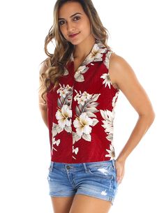 Sleeveless Hawaiian Shirt Lanai 100% Cotton Fabric Collar Tank Top Blouse Curved Hemline Colors: Red, Peach, Navy, Blue Sizes: S - 2XL Made in Hawaii - USA Casual Sleeveless Summer Shirt, Casual Sleeveless Shirt For Summer, Summer Hawaiian V-neck Top, Red Collared Top For Summer, Red Collared Hawaiian Top, Red Casual Sleeveless Blouse, Casual Red Sleeveless Blouse, Casual Red Sleeveless Top, Vacation Red V-neck Shirt