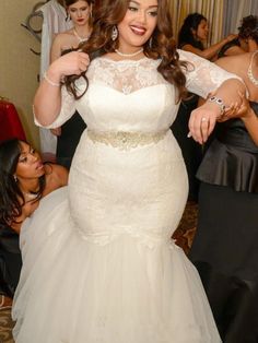 Half Sleeves Sashes Mermaid Wedding Dresses - Ivory / Floor Length - wedding dresses Tulle Neckline, Applique Lace, Plus Size Brides, Plus Size Wedding Gowns, Lace Wedding Dress With Sleeves, Curvy Bride, Custom Dress, Wedding Dress Train, Lace Mermaid