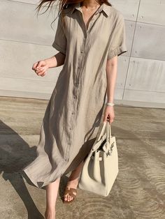 Solid Button Front Dress, Casual Short Sleeve Maxi Dress With A Collar, Women's Clothing Short Sleeve Shirt Dress, Linen Dress Women, Cotton Linen Dresses, Linen Shirt Dress, Short Sleeve Dress Shirt, Short Sleeve Maxi Dresses, Minimalist Dresses, Khaki Dress, Spring Outfits Women