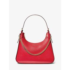 Michael Kors Women Red & Gold-Tone Hardware Wilma Large Leather Shoulder Bag. Introducing Wilma: A Sleek Shoulder Bag Made To Make A Statement. Featuring A Smooth Leather Exterior, It’s Cut In A Structured Silhouette And Features An Edgy Chain-Link Strap For Tough-Luxe Appeal. We Think It’s The Perfect Day-To-Night Bag. | Shoulder Bag. Leather 100% Leather Gold-Tone Hardware 14.5”W X 12”H X 4”D Handle Drop: 11” Interior Details: Back Zip Pocket, Front Slip Pocket Lining: 100% Polyester Zip Faste Modern Red Bag With Metal Hardware, Red Shoulder Bag With Metal Hardware For Evening, Evening Red Shoulder Bag With Metal Hardware, Red Evening Shoulder Bag With Metal Hardware, Classic Red Bags With Metal Hardware, Everyday Red Shoulder Bag With Metal Hardware, Red Shoulder Bag With Metal Hardware For Everyday, Red Michael Kors Shoulder Bag, Bag Shoulder