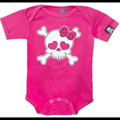 Bright Pink One Piece With Girly Skull, Bow And Heart Eyes. 100% Cotton. Machine Wash Cold. Fitted Pink Bodysuit With Cartoon Print, Cute Pink Onesie With Cartoon Print, Cute Fitted Bodysuit With Cartoon Print, Cute Cartoon Print Bodysuit For Playwear, Casual Pink Onesie With Cartoon Print, Cute Bodysuit For Playwear, Pink Casual Bodysuit For Playwear, Cute Cotton Halloween Onesie, Cute Pink Bodysuit For Playwear