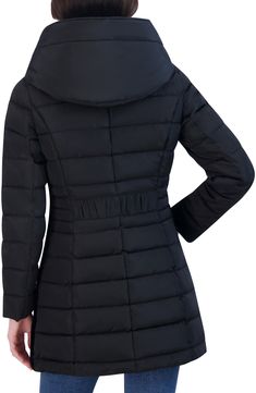 A quarter-length bib adds extra warmth to this quilted puffer jacket made to keep you covered on colder days. 32" length Front zip closure Stand collar Fixed hood Long sleeves Lined, with polyester fill 100% polyester Machine wash, tumble dry Made in China Cold Weather Solid Puffer Jacket With Padded Collar, Solid Puffer Jacket With Padded Collar For Cold Weather, Solid Down Outerwear With Padded Collar, Quilted Down Outerwear For Winter, Winter Down Puffer Jacket With Padded Collar, Fitted Puffer Jacket For Cold Weather, Fitted Hooded Puffer Outerwear, Quilted Jacket With Padded Collar For Winter, Quilted Jacket With Padded Collar For Cold Winter Weather