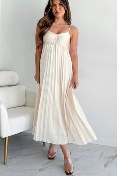 Essential Chicness Pleated Satin Dress (Champagne) · NanaMacs Pleated V-neck Maxi Dress For Brunch, V-neck Pleated Maxi Dress For Brunch, Beige Pleated V-neck Maxi Dress, Elegant Cream Maxi Dress With Spaghetti Straps, Feminine Cream Maxi Dress For Date Night, Summer Beige Pleated Midi Dress, Beige Pleated Maxi Dress For Party, Beige V-neck Maxi Dress For Daywear, Beige Pleated Maxi Dress