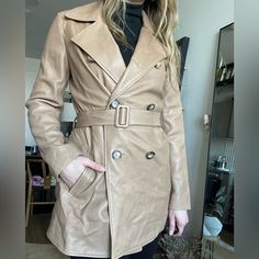 Brand New With Tags!!!! This No Longer Sold At Massimo Dutti And Comps For Used Versions Of This Piece Are $500+++ Gorgeous, Supple Leather Taupe Trench Coat From Massimo Dutti. Buttoned Closure With A Tie At Waist. Adjustable Fit And Pockets At Sides. A Stunning, Timeless, Classically Chic Piece That Is Sure To Become A Staple In Your Capsule Wardrobe. Never Worn, Comes With Tags And Extra Buttons. I Typically Wear A Size 4-6 And This Is How It Fits On Me. Note: I Will Steam This For You Prior Beige Leather Jacket For Work, Fitted Beige Leather Outerwear, Grey Fur Jacket, Black Leather Blazer, Distressed Leather Jacket, Tan Leather Jackets, Massimo Dutti Women, Blue Leather Jacket, Short Sleeve Jacket